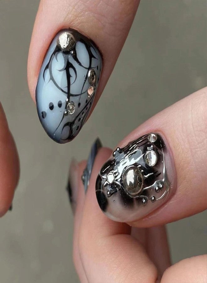 MERVF Medium Press on Nails Round Fake Nails Goth Glue ons Black Heart Butterfly Swirls Design Oval Acrylic False Nail for Women Glossy 24pcs - Image 2